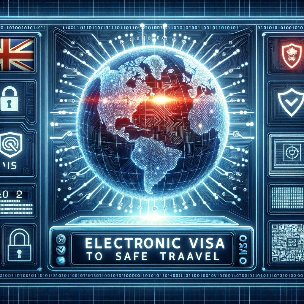 Glowing globe with cybersecurity icons representing safe and fast electronic visas for UK travel 2024.